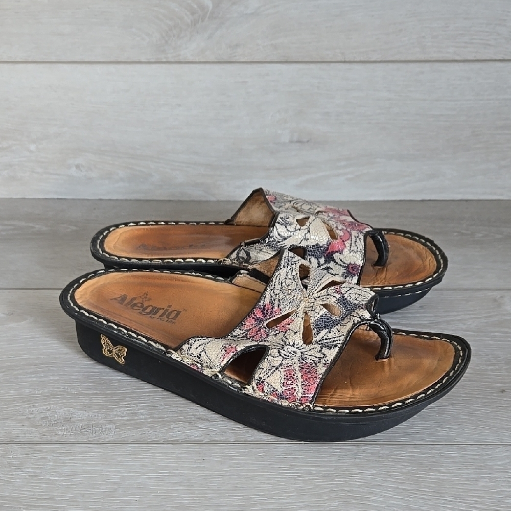 Alegria Women's Floral Slide Sandals - Black and Pink Platform Sz 38/8-8.5